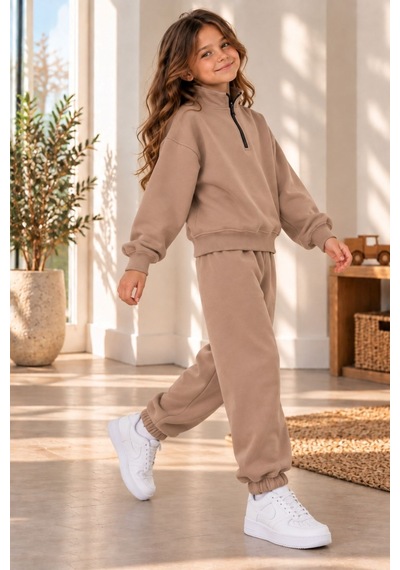 Zuzunga Unisex Çocuk Yarım Fermuarlı Dik Yaka Düz Renk Sweatshirt Ve Eşofman Takımı Bej