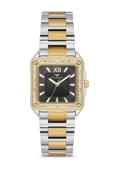 Ferro Quartz Çelik Altın/gri Siyah Kadran 28 Mm Kadın Kol Saati