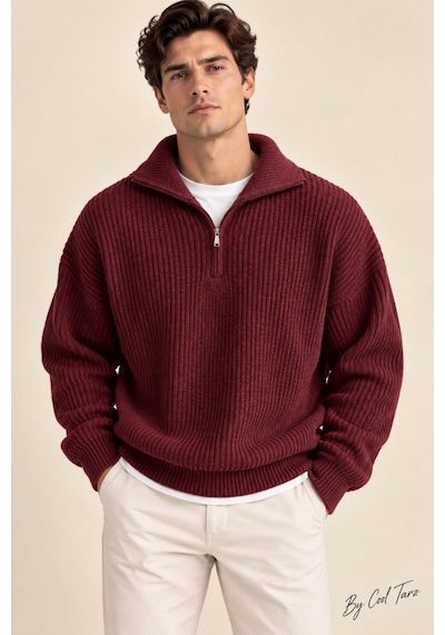 Cool Tarz Erkek Oversize Premium Kalite Salaş Kazak Bordo Bordo