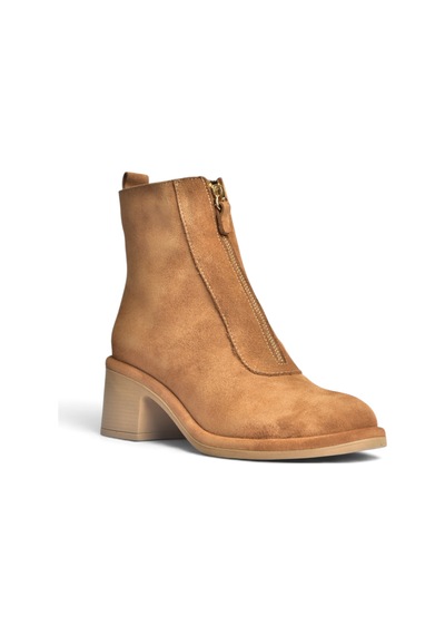 Fox Shoes Z555671002 Taba Hakiki Deri Süet Kalın Topuklu Kadın Bot