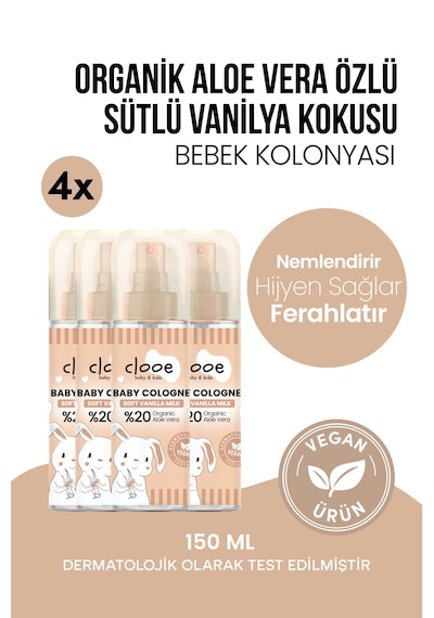 Hassas Ciltlere Özel Organik Aloe Vera Özlü Süt Ve Vanilya Kokulu Soft Vanilla Milk Bebek Kolonyası Dörtlü Ekonomik Aile Paketi