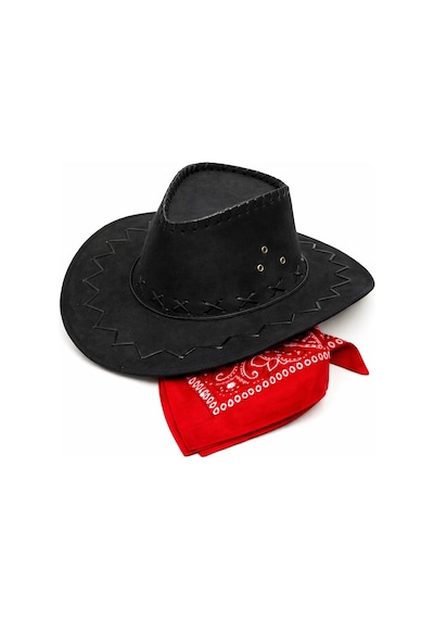 Çocuk Kovboy Şapka Siyah &amp Kırmızı Bandana Fular Seti - Kyut-762698 Renkli