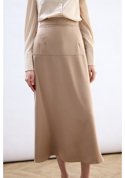 Sateen Yüksek Bel Saten Etek - Bej-136784 Bej