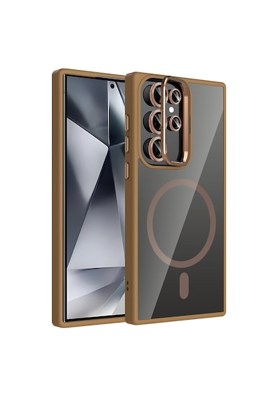 Samsung Galaxy Uyumlu S24 Ultra Kılıf Standlı Ve Kamera Lens li M-safe Şarj Özellikli Zore Etro Kapak Desert Titanyum