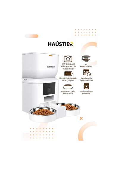Qq025-dual Kameralı Akıllı Otomatik Kedi Mama Kabı, 480p, Gece Görüşlü, 2.4ghz, 4lt, Çift Metal Kase