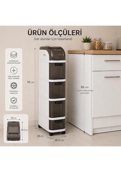 Pro Slim Tekerlekli Organizer Dolap, 4 Çekmeceli Dar Alan Depolama Ünitesi, Banyo, Mutfak Ve Çamaşır Odası İçin Çok Renkli Pro Slim Tekerlekli Organizer Dolap, 4 Çekmeceli Dar Alan Depolama Ünitesi, Banyo, Mutfak Ve Çamaşır Odası İçin Çok Renkli