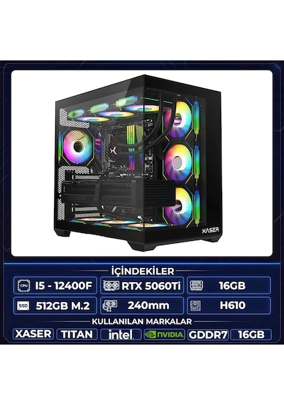 Xaser Thor X10 i5-12400F 16 GB 512 GB M.2 NVMe SSD 16 GB RTX5060Ti Free Dos Masaüstü Oyuncu Bilgisayarı