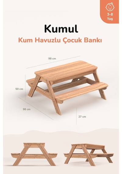 Ovlo Çocuk Kum Havuzlu Etkinlik Masası Kapaklı 3-8 Yaş 4 Kişilik Kumul Naturel