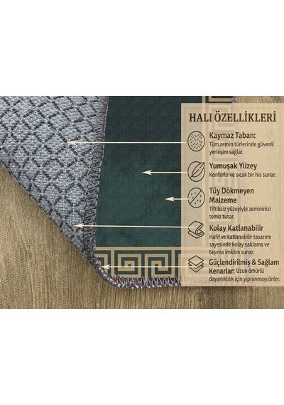Turkıshrug Kıngdom Yeşil Gold Kenarlı Geometrik Şekilli Dijital Baskılı Halı Antre, Mutfak Ve Salon İçin Çok Renkli