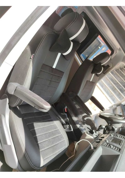Volkswagen Transporter 4+1 T6 T7 Uyumlu. Siyah Taytüyü Siyah Deri Karışımı Beyaz Şerit Beyaz Ip
