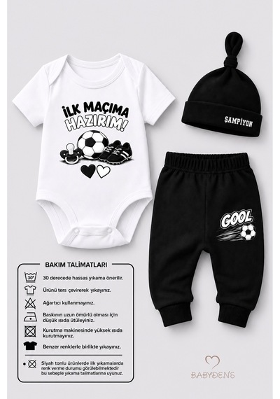 Babyden's Bebek 3'lü Takım Siyah Beyaz Taraftar Temalı Kısa Kol %100 Pamuk Yenidoğan Seti İlk Maçıma Hazırım