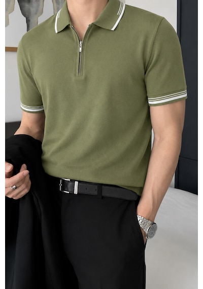 Tarz Cool Erkek Fermuar Yaka Triko Polo Tişört Slim Fit Pamuklu Yazlık Triko Yeşil