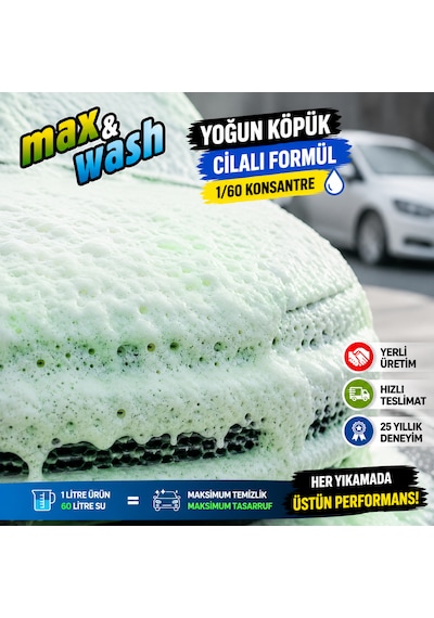 Max&wash Hafta Sonu Araç Bakım Seti 3'lü 1 Kg Cilalı Oto Şampuan + 1 Kg Hızlı Cila + 1 Kg Lastik Parlatıcı + 2 Adet Fısfıs Başlık Hediyeli