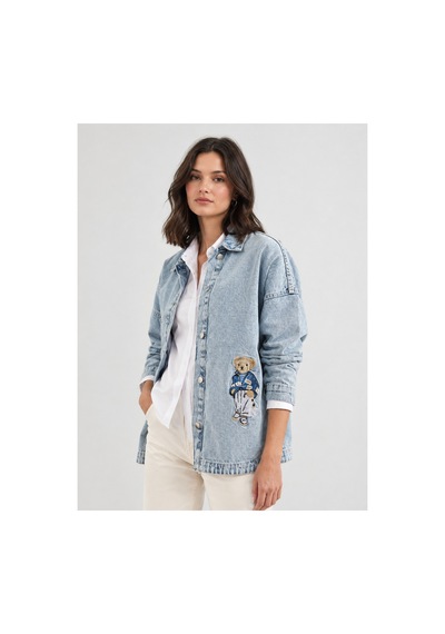 Esb Design Kadın Açık Mavi Ayıcık Nakışlı Oversize Denim Gömlek Ceket
