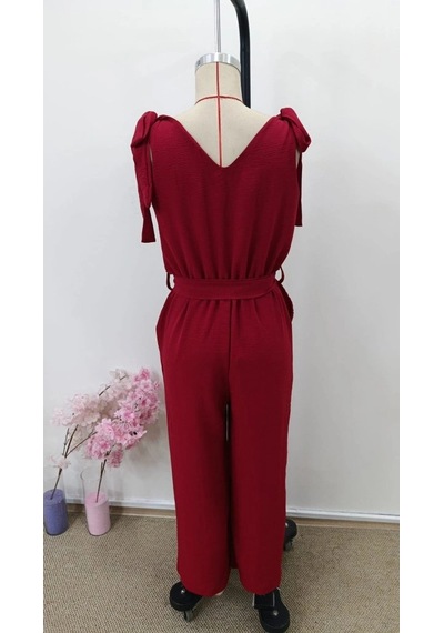 Defymoda Kadın Omuzlardan Bağlamalı V Yakalı Beli Kuşaklı Aerobin Tulum Bordo