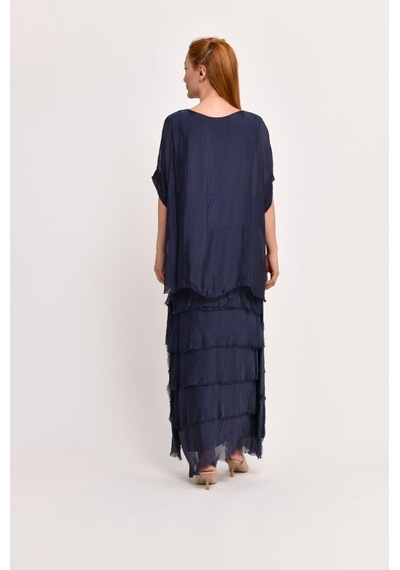 Bohem Stil İtalyan 2 Beden İnce Gösteren Yarım Kol Kat Kat Ipek Elbise Lacivert