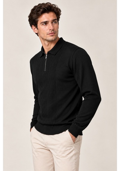 Erkek Polo Yaka Yarım Fermuarlı Önü Fitilli Slim Fit Akrilik Pamuk Triko Kazak Siyah