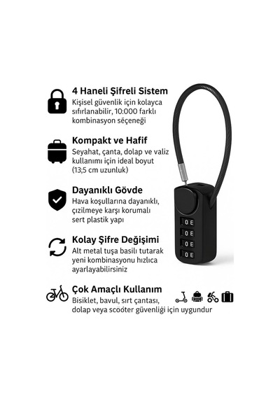 19 Mm 4 Haneli Sıfırlanabilir 13,5 Cm Dolap Bagaj Çanta Kilidi As