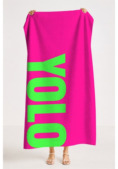 Neon Yolo Yazılı Modern Plaj Havlu Örtüsu - Fuşya Yeşil Pop Art Hızlı Kuruyan Mikrofiber Havlu Örtü Dalgın Şafak