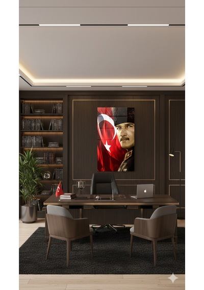 Gazi Mustafa Kemal Atatürk Portresi Türk Bayrağı Temalı Cam Tablo