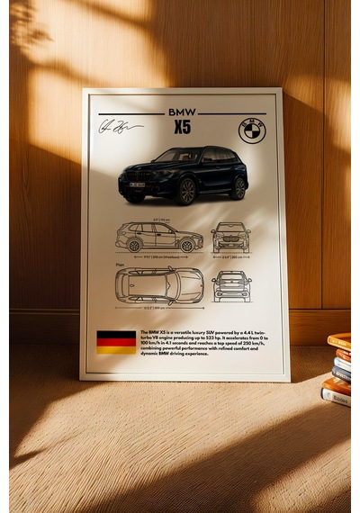 Bmw X5 Tablo - Teknik Özellikli Alman Lüks Suv Poster - Çerçeveli Duvar Dekoru - Araba Blueprint Beyaz