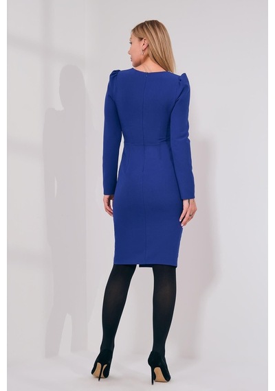 Explosion Midi Abiye Elbise - Uzun Kol V Yaka Minimalist Saks