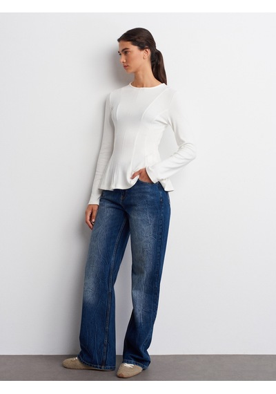 Dilvin 32090 Uzun Kollu Peplum Top-ekru Ekru