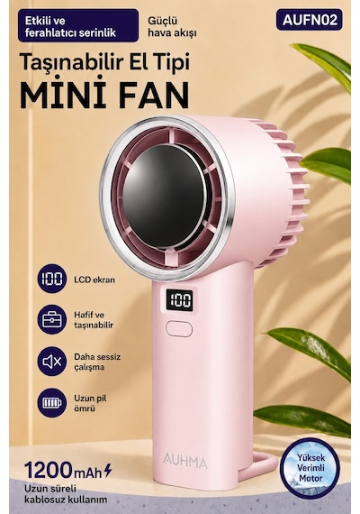 Exenar - Pembe - Güçlü Portatif Mini El Fanı 1200 Mah Dijital Ekranlı Şarjlı Vantilatör 5 Kademeli Fan Pembe