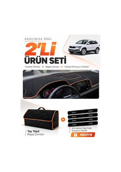 Skoda Karoq 2017-2024 Uyumlu Torpido Örtüsü + Tay Tüyü Bagaj Çantası + Sticker - Siyah Kahverengi