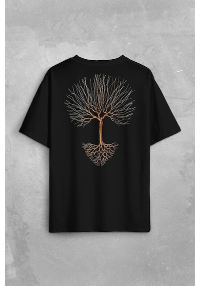 Nature Hayat Ağacı Kuru Ağaç Kökü Sırt Ön Baskılı Oversize Tişört Unisex T-shirt 001