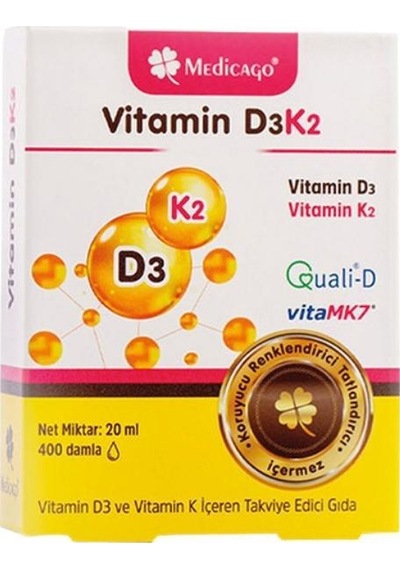 Medicago Vitamin D3k2 Vitamin D3 ve Vitamin K2 İçeren Takviye Edici Gıda 400 Damla 20 ML