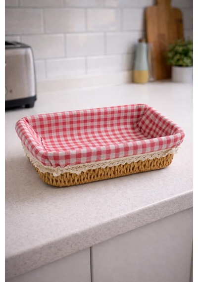 Rattan Hasır Ekmeklik Kare Pötikare Kumaşlı Masa Üstü Ekmek Sepeti Mutfak Organizer Çok Renkli