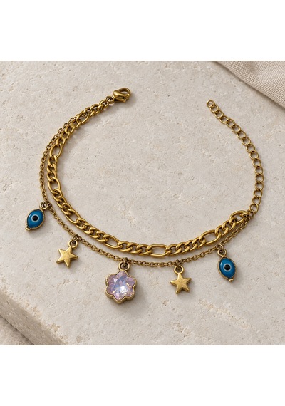 Dora S Shine Lila Tılsım Nazar Boncuklu, Çiçek Ve Yıldız Detaylı Çift Sıra Altın Renk Kadın Bileklik Renkli Dora S Shine Lila Tılsım Nazar Boncuklu, Çiçek Ve Yıldız Detaylı Çift Sıra Altın Renk Kadın Bileklik Renkli