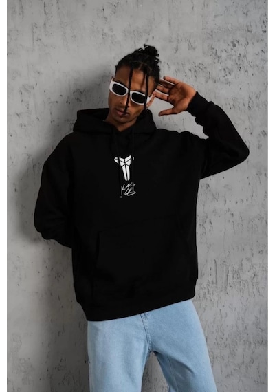 Erkek 3 İplik Pamuklu Kapüşonlu Kanguru Cepli Baskılı Oversize Hoodie Sweatshirt - Siyah Siyah