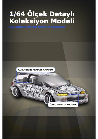 Manga Desenli 1/64 Ölçek Diecast Honda Civic Ef Model Araba - Tekli Rastgele Paket Bx-313375