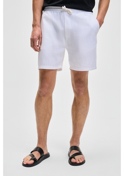 Grimelange LEYTON Erkek Relaxed Fit Çift Cepli Beli Lastikli Keten Karışımlı Dokuma Beyaz Şort & Bermuda