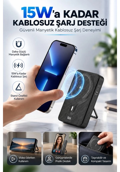 Exenar - Siyah - 10000mah Standlı Pd20w Type-c - Usb-a Scp22.5w - 15w Kablosuz Hızlı Şarj Led Göstergeli Powerbank