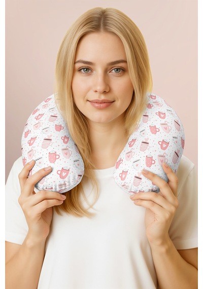 Pembe Cups Desenli Pamuklu Boyun Yastığı - Sevimli Kalp Figürlü Pembe Yumuşak Seyahat Yastığı Çok Renkli