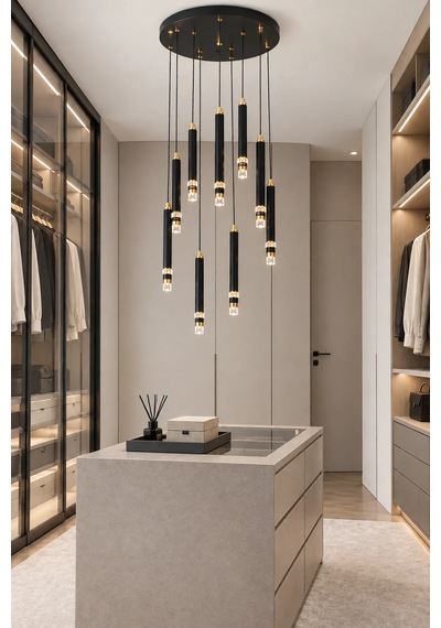 Modern Premium 10'lu Ledli Sarkıt Avizesi 52w 4000k Siyah Salon Mutfak Şık Modelleri 100 Cm