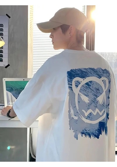 Erkek Tişört Bisiklet Yaka Kore Sevimli Ayı Baskı Kısa Kol T-shirt - Beyaz