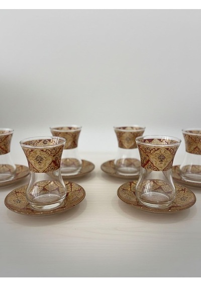 Topkapı 6 Kişilik Çay Seti, French Press Hediyeli, 9 Farklı Osmanlı Desenli Çay Bardağı Takımı 6, Topkapı Gold Çok Renkli