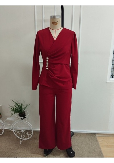 Butik İstanbul Kadın Uzun Kollu Kruvaze Yakalı Yan Tarafı Taşlı Ithal Krep Bluz Ve Pantolon Ikili Takım Kırmızı