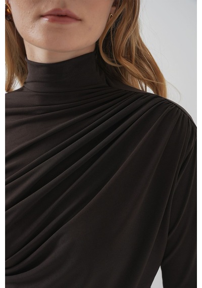 Hiccup Bdart Drape Detaylı Vücuda Oturan Dik Yaka Bluz Kestane Kahvesi