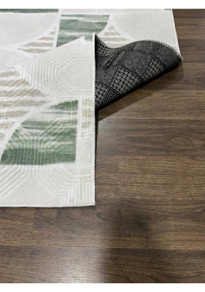 Krem Yeşil Modern Yıkanabilir Kabartmalı Kaymaz Taban Kesme Halı Yolluk