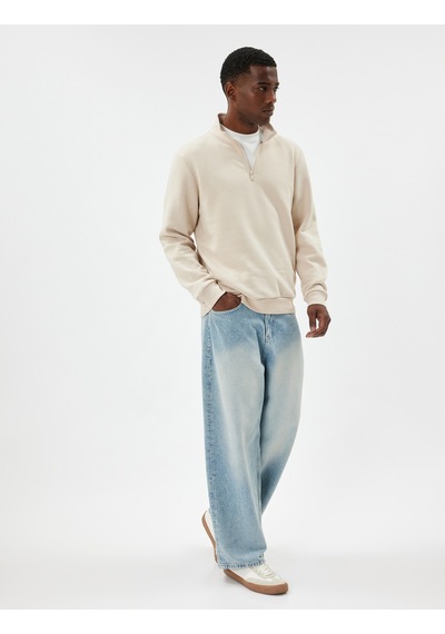 Koton Yarım Fermuarlı Yaka Sweatshirt Uzun Kollu Pamuk Karışımlı Bej 5wam70002mk Ekru