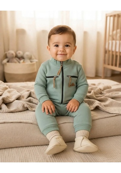 Nehad Bebe Çağla Yeşili Kışlık Erkek Bebek Cep Fermuarlı Yeşil Tulum Rahat Kalıp Yeşi L