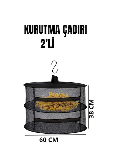 Tineke 2 Katlı Fermuarlı Meyve Sebze Kurutma Filesi Katlanabilir Doğal Kurutma Sepeti Siyah Siyah