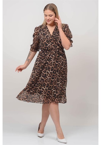 Neşeli Butik Kadın Kruvaze Yaka Midi Boy Büyük Beden Leopar Desenli Şifon Elbise Nb80622 Siyah