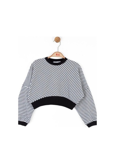 Kız Çocuk Pamuklu Çizgili Crop Sweatshirt-14715 Siyahbeyaz