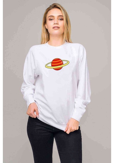 Saturn Baskılı Beyaz Kadın Sweatshirt (528343680)